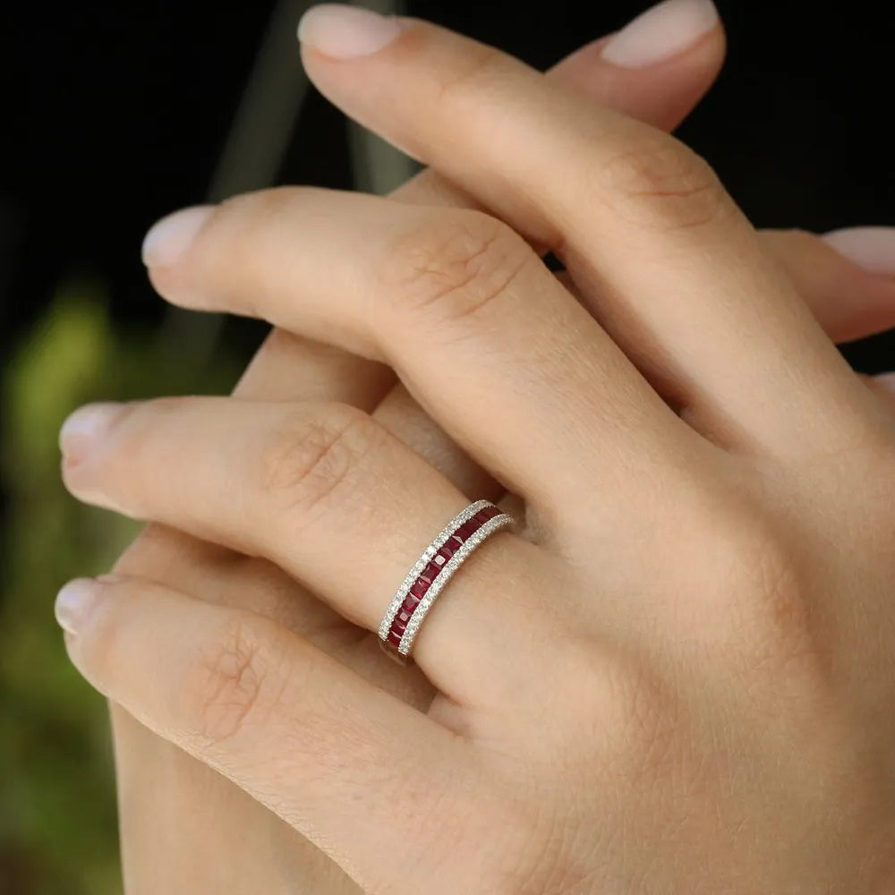 14k Solid Gold Ruby and Diamond Square and Round Cut Half Eternity Ring 1.05 ctw