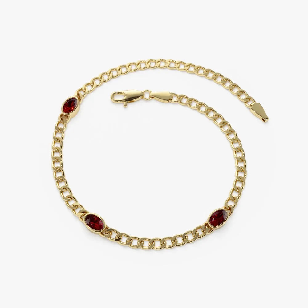 14K Solid Gold Oval Garnet Bezel Set Cuban Link Bracelet 0.30 CTW