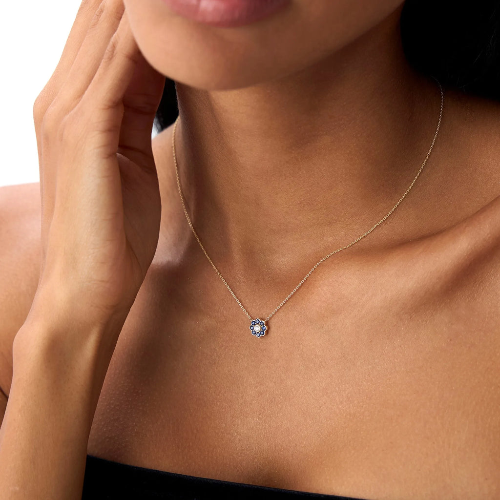 14k Solid Gold Round Sapphire 0.30 CTW and Diamond 0.05 CTW Flower Bezel Setting Necklace
