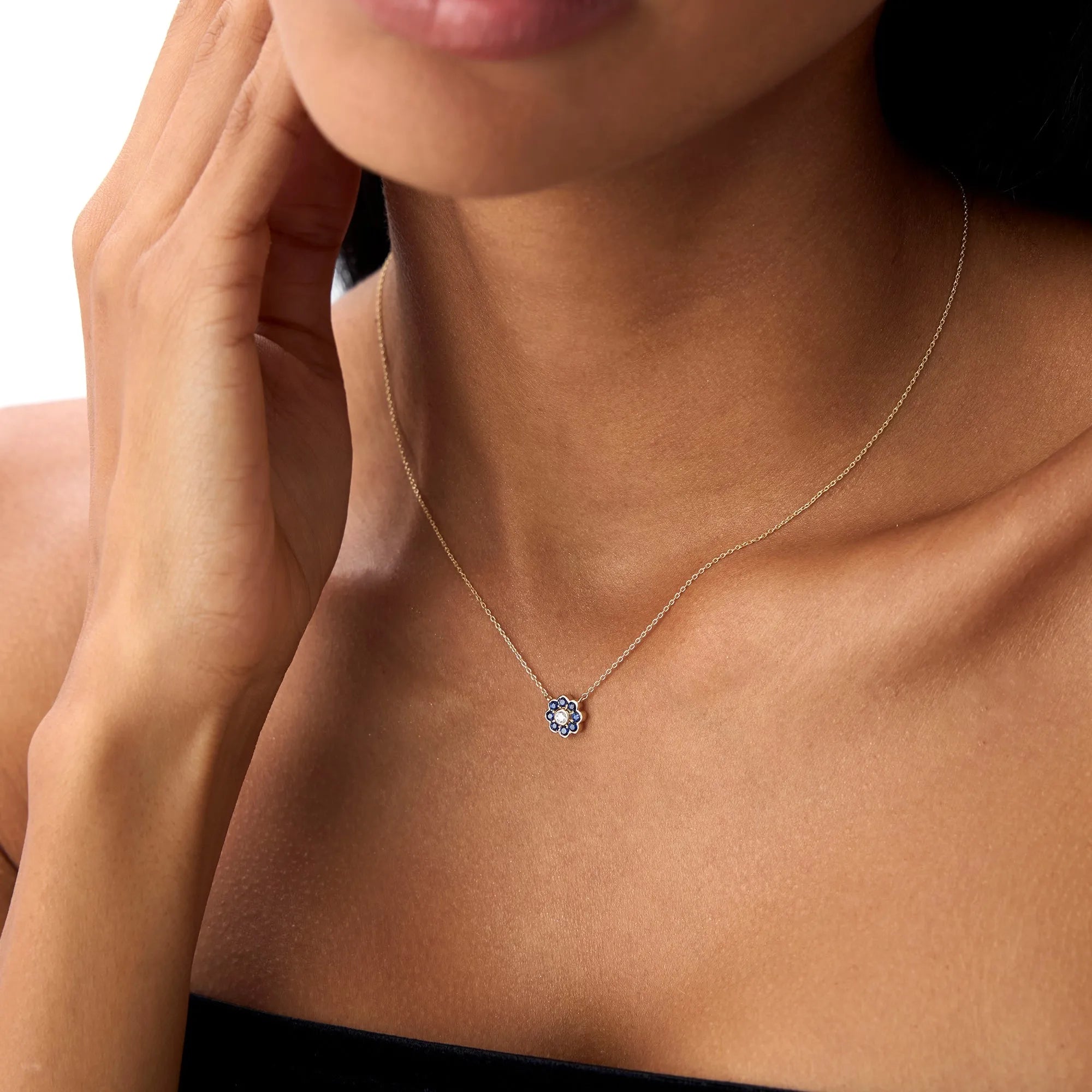 14k Solid Gold Round Sapphire 0.30 CTW and Diamond 0.05 CTW Flower Bezel Setting Necklace