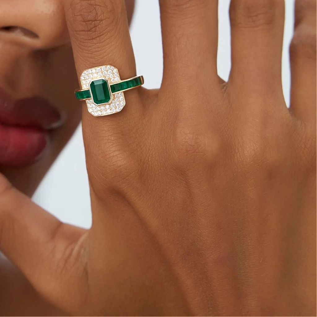 14K Gold Emerald Cut and Square Emerald Round Diamond Art Deco Ring 2.30 CTW