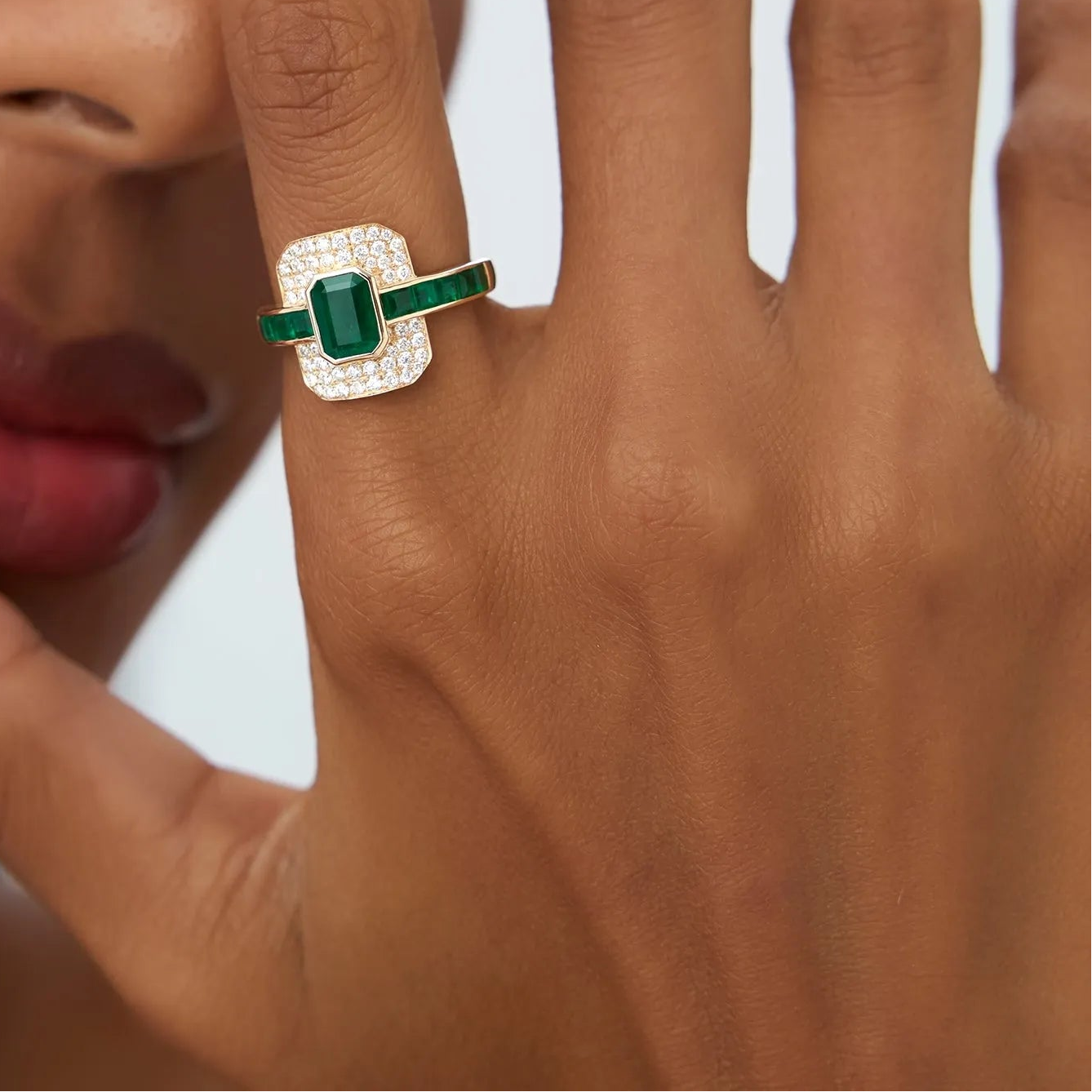 14K Gold Emerald Cut and Square Emerald Round Diamond Art Deco Ring 2.30 CTW