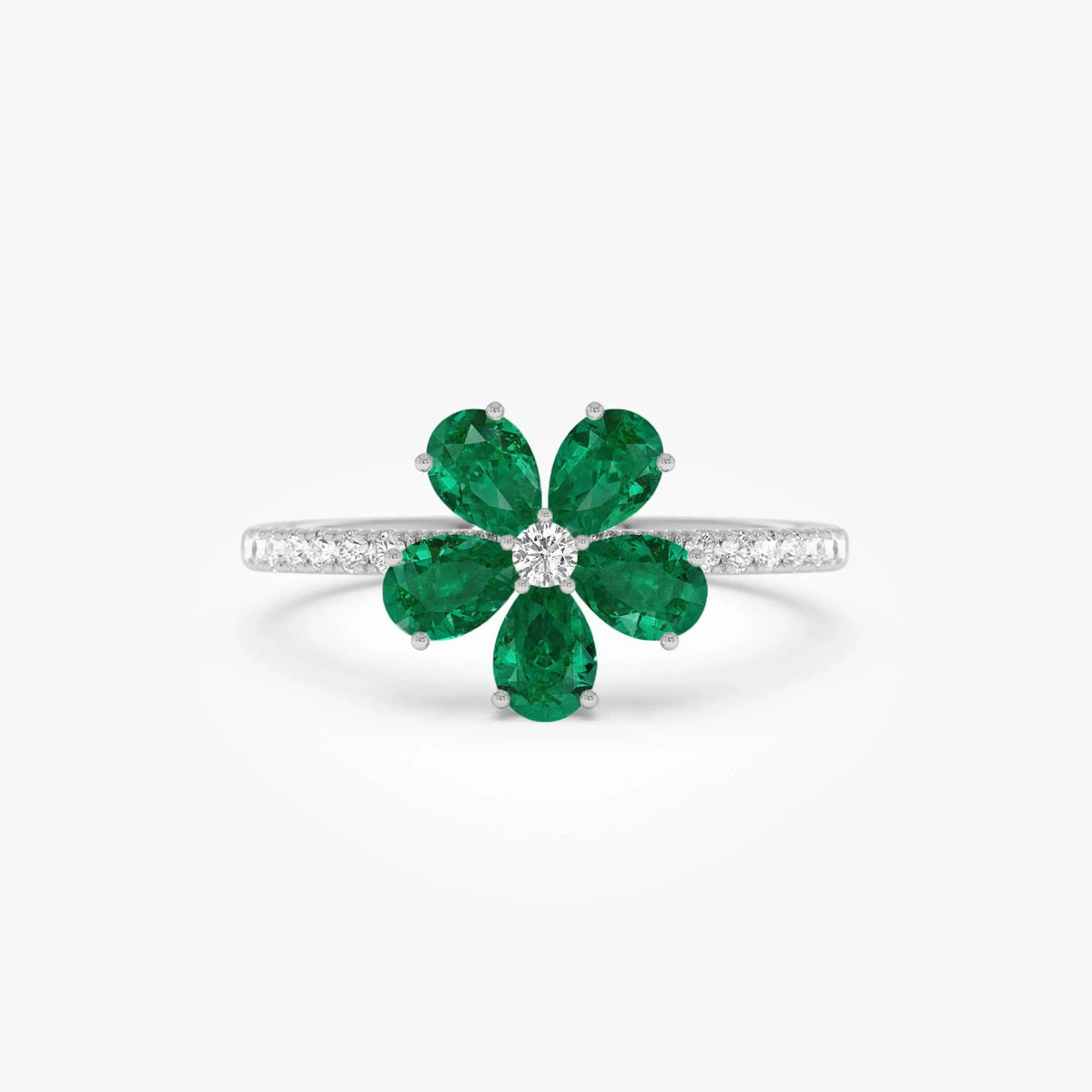 14K Solid Gold Pear Emerald and Round Diamond Five-Leaf Ring 0.80 CTW