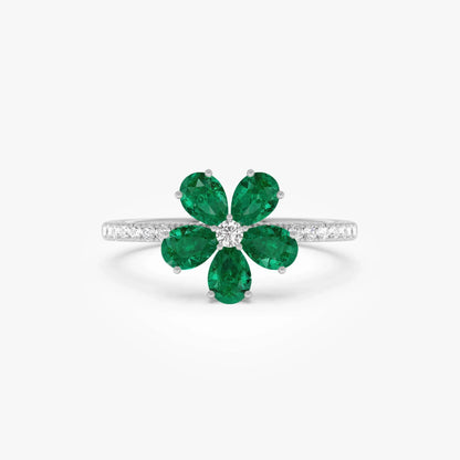 14K Solid Gold Pear Emerald and Round Diamond Five-Leaf Ring 0.80 CTW
