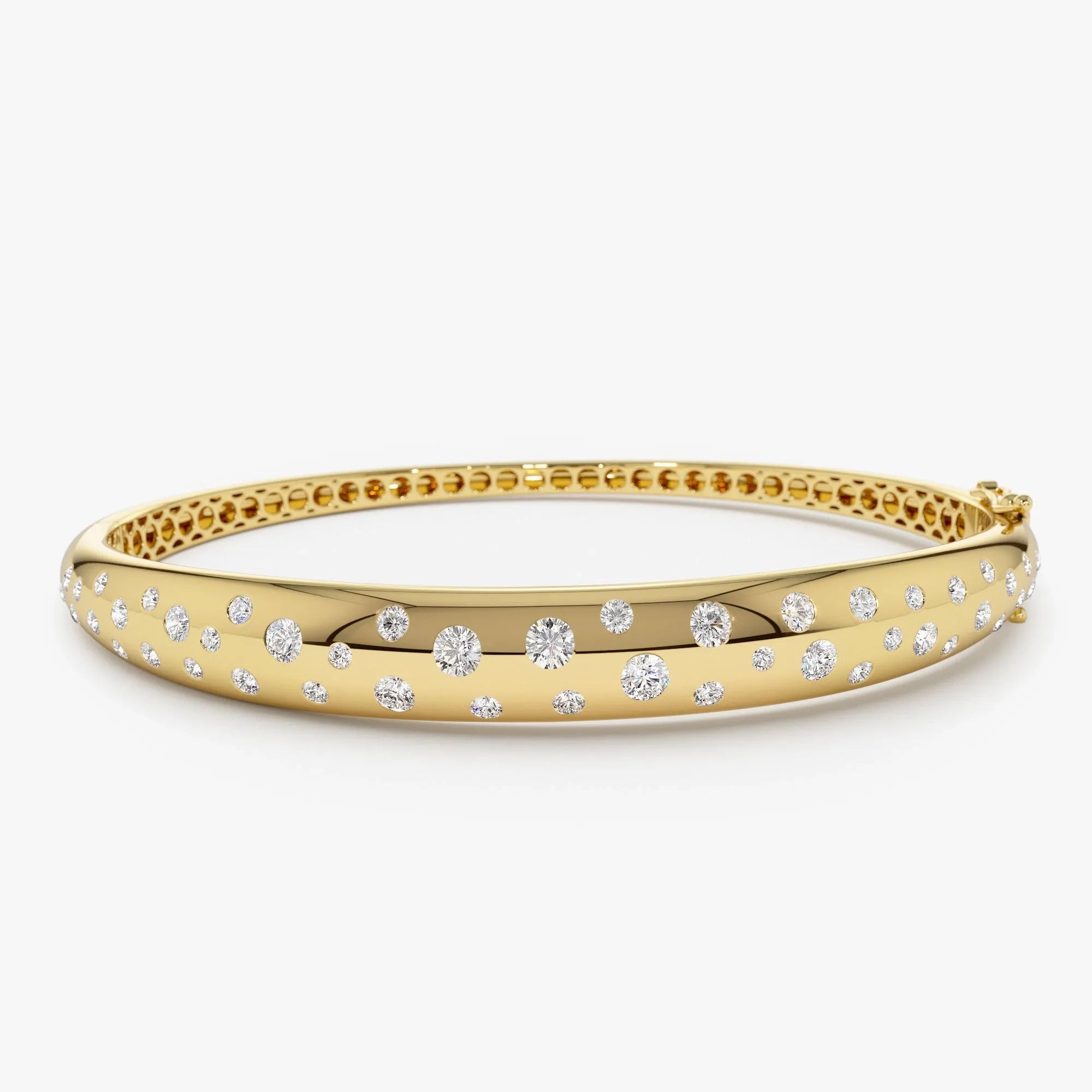 14K Solid Gold 1.20 CTW Round Diamond Dome Floating Bangle