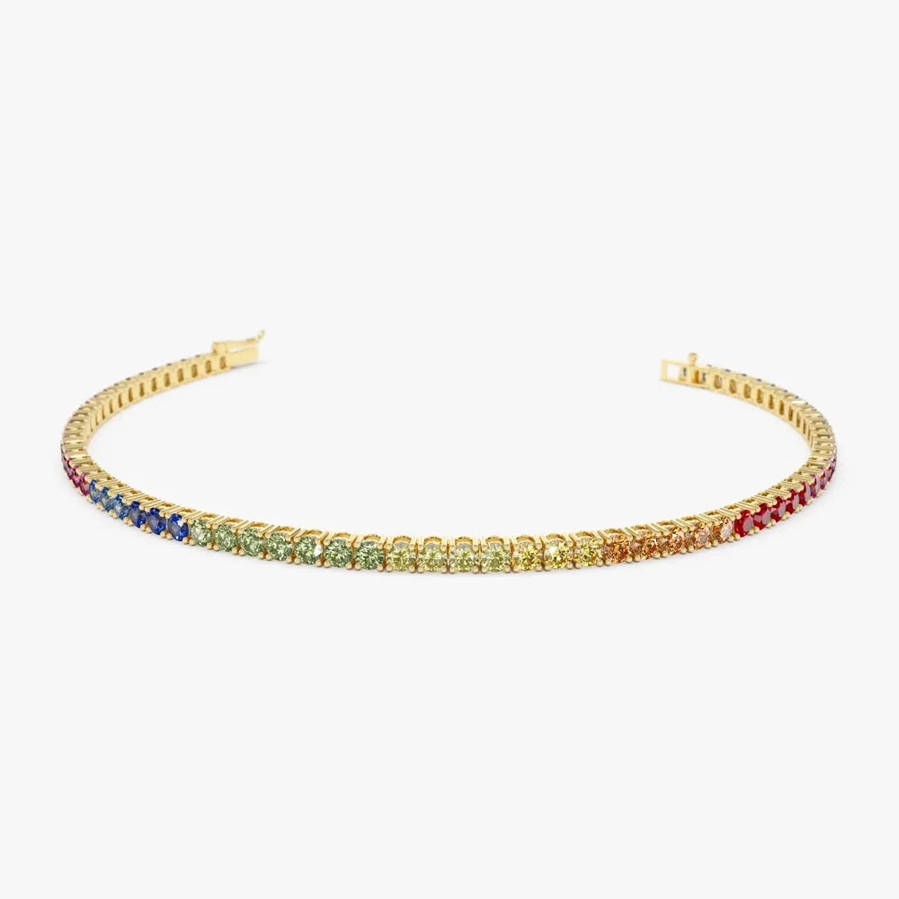 14k Gold Round Diamond and Multicolor Sapphire 4 Prong Tennis Bracelet
