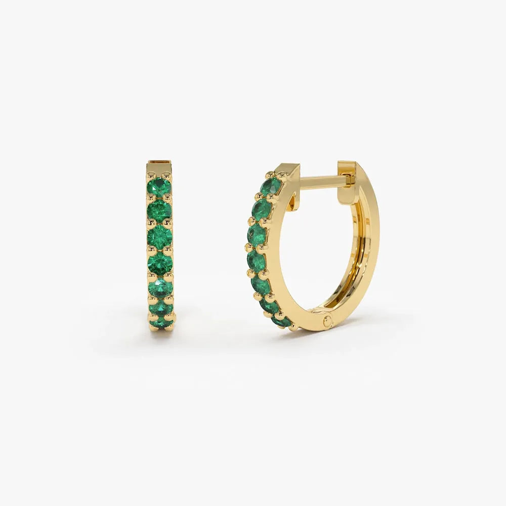 14K Solid Gold Round Emerald Huggie Hoop Earrings 0.25 CTW