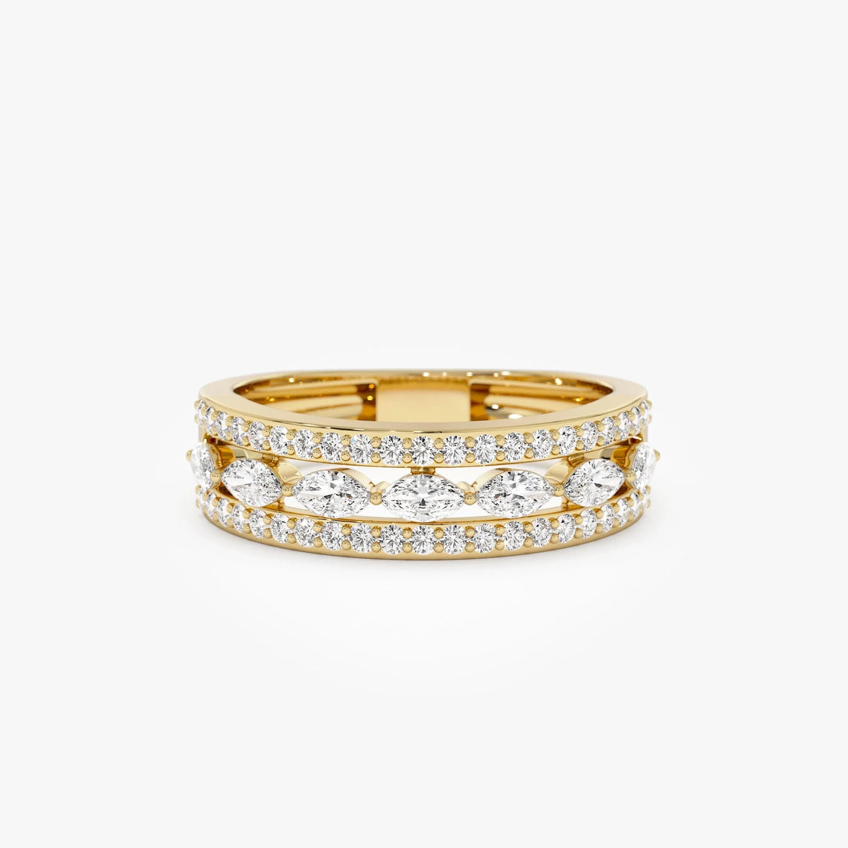 14k Solid Gold Marquise and Round Diamond 0.61 Carat Multi Band Ring