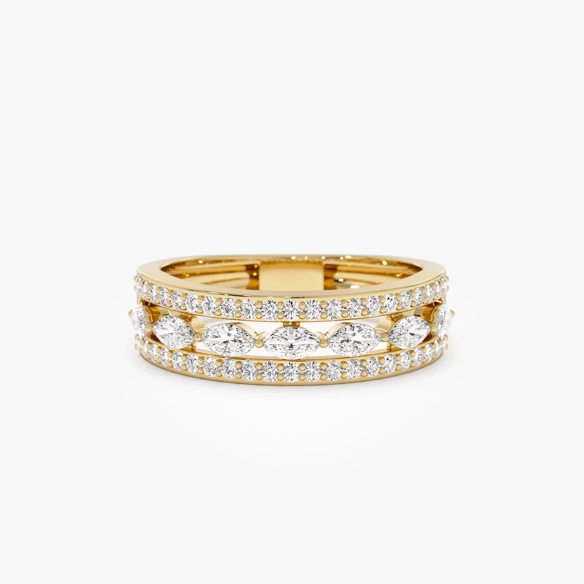 14k Solid Gold Marquise and Round Diamond 0.61 Carat Multi Band Ring