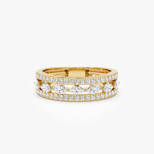 14k Solid Gold Marquise and Round Diamond 0.61 Carat Multi Band Ring