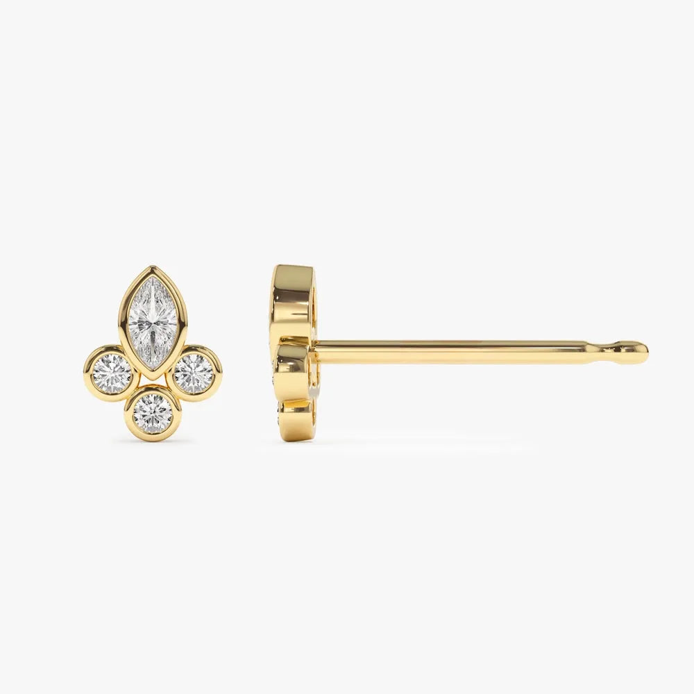 14k Gold Diamond Marquise and Round Cut Crown Earrings Bezel Setting 0.29 ctw