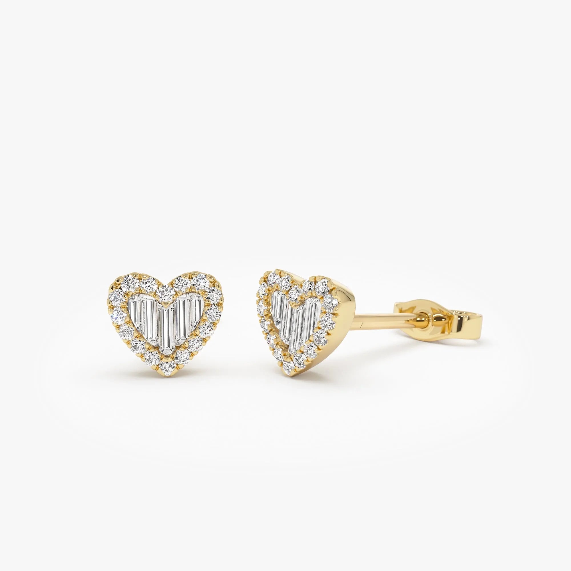14k Gold Diamond Round and Baguette Cut Heart Stud Earrings 0.28 ctw