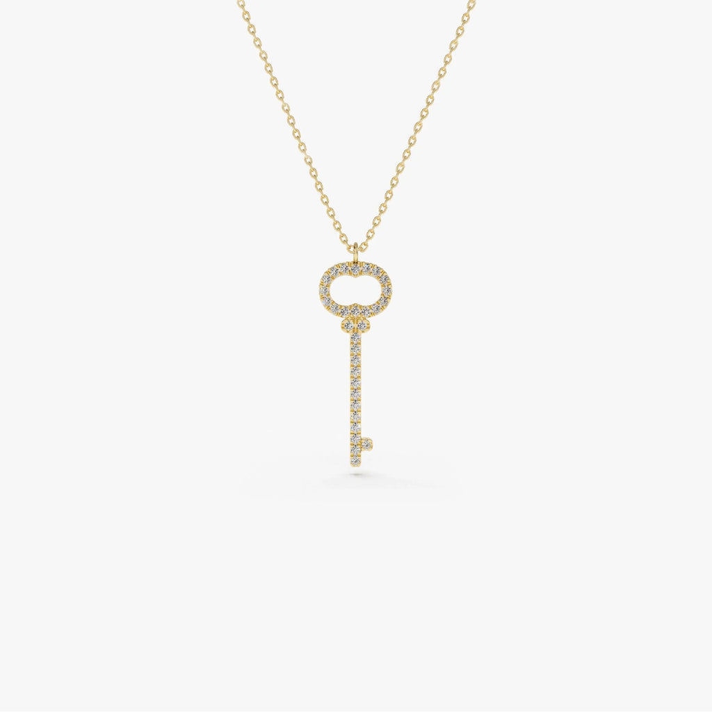 14K Solid Gold Round Diamond Micro Pave Key Charm Pendant Necklace 0.20ctw