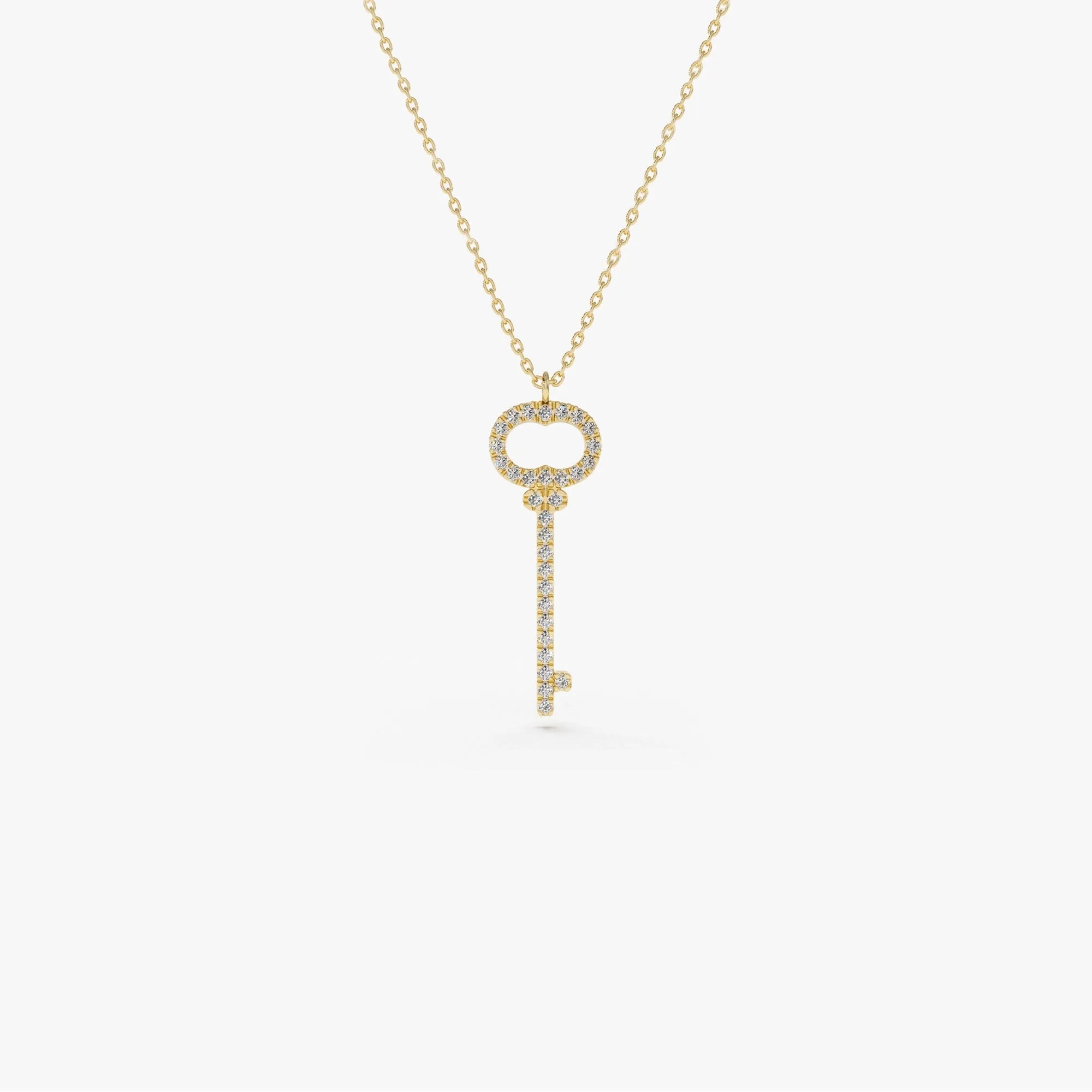 14K Solid Gold Round Diamond Micro Pave Key Charm Pendant Necklace 0.20ctw