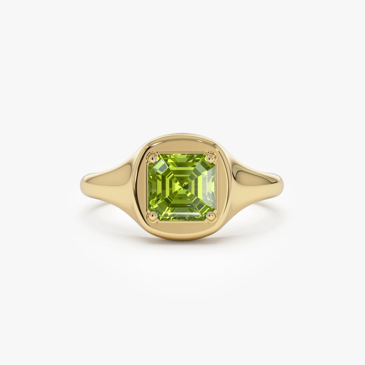 14K Solid Gold Asscher Cut Peridot 1.20 Carat Signet Ring