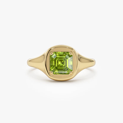14K Solid Gold Asscher Cut Peridot 1.20 Carat Signet Ring