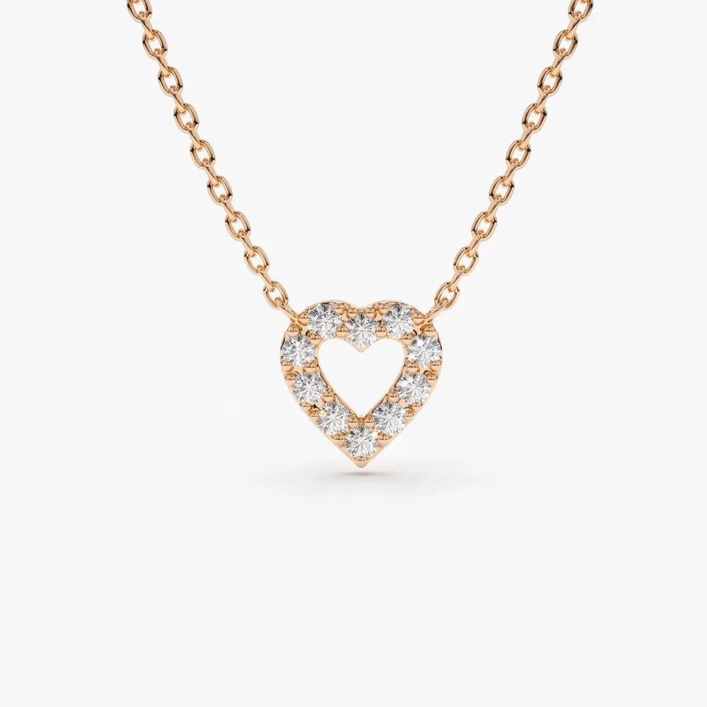 14K Solid Gold Round Diamond Tiny Heart Pendant Necklace Prong Setting 0.10ctw
