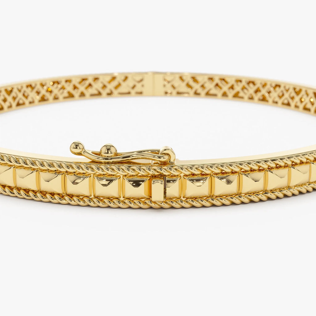 14K Solid Gold Wide Pyramid Design Bangle Bracelet