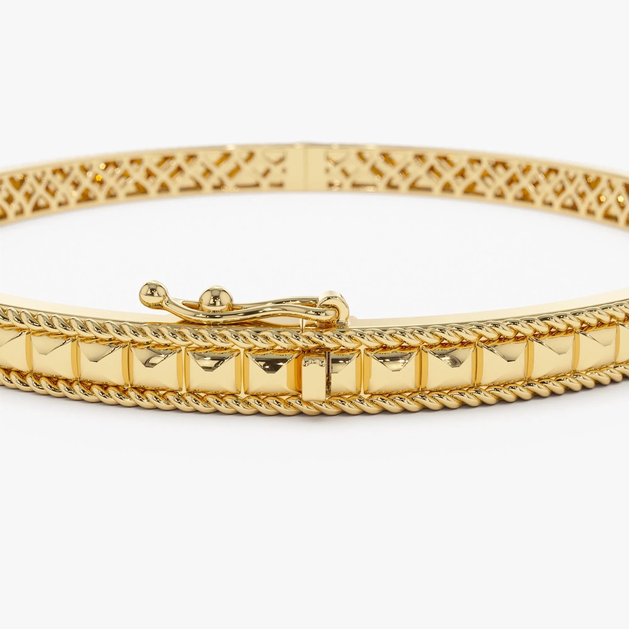 14K Solid Gold Wide Pyramid Design Bangle Bracelet