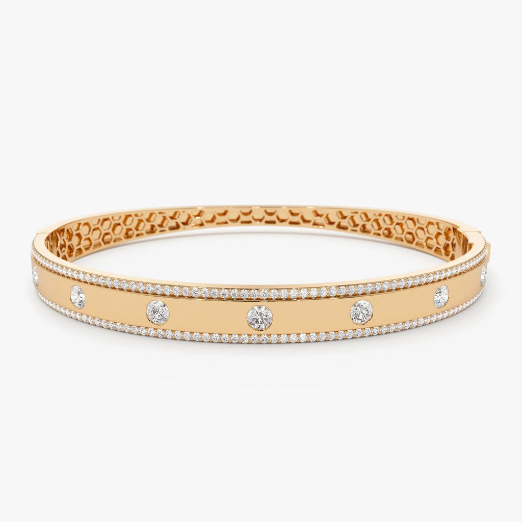 14K Solid Gold 2.00 CTW Round Diamond Flush Set Pave Edge Bangle