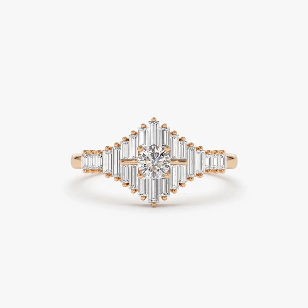 14k Gold Round and Baguette Diamond Art Deco Ring 0.82 ctw