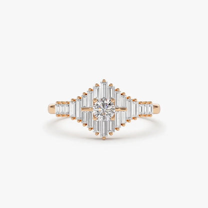 14k Gold Round and Baguette Diamond Art Deco Ring 0.82 ctw