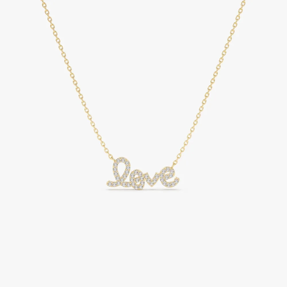 14K Solid Gold Round Diamond Love Pendant Necklace Prong Setting 0.21ctw