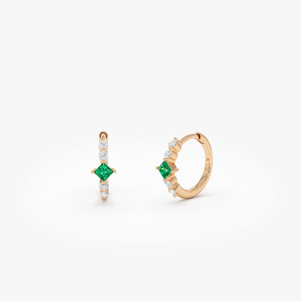14K Solid Gold Princess Cut Emerald and Round Diamond Hoop Earrings 0.38 CTW