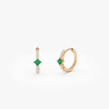 14K Solid Gold Princess Cut Emerald and Round Diamond Hoop Earrings 0.38 CTW