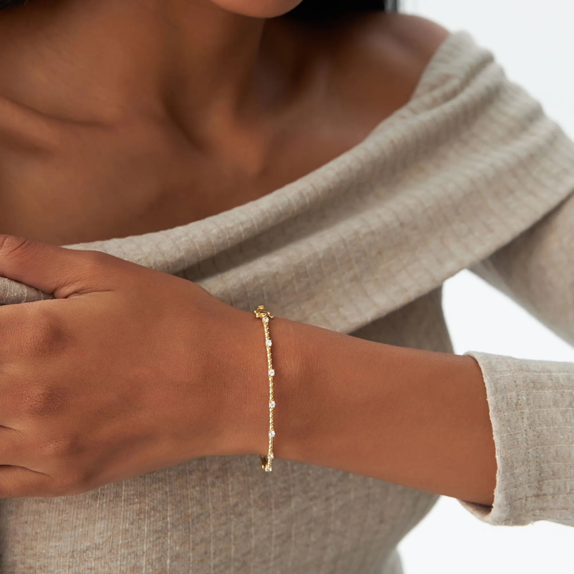14K Solid Gold 0.35 CTW Round Diamond Beaded Bangle
