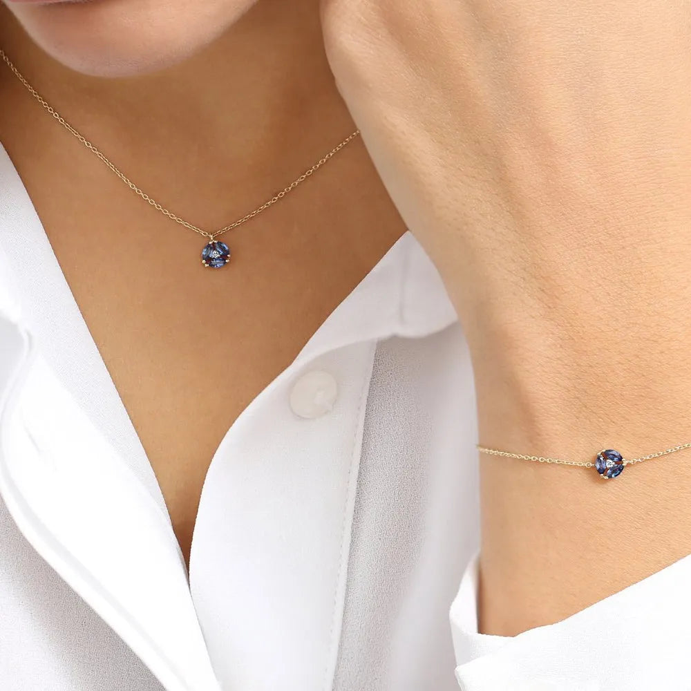 14k Solid Gold Marquise Sapphire 0.32 CTW and Round Diamond 0.01 CTW Cluster Necklace