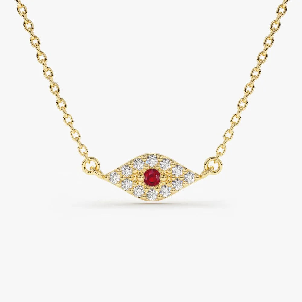 14k Solid Gold Ruby and Diamond Round Evil Eye Necklace 0.17 Carat Micro Pave Setting