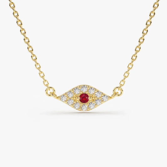 14k Solid Gold Ruby and Diamond Round Evil Eye Necklace 0.17 Carat Micro Pave Setting