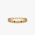 14K Gold Round Emerald and Diamond Geometric Art Deco Wedding Band Ring 0.22 CTW