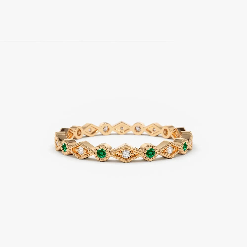 14K Gold Round Emerald and Diamond Geometric Art Deco Wedding Band Ring 0.22 CTW