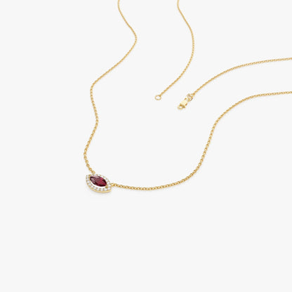 14k Solid Gold Ruby and Diamond Marquise Round Halo Necklace 0.30 Carat Prong Setting