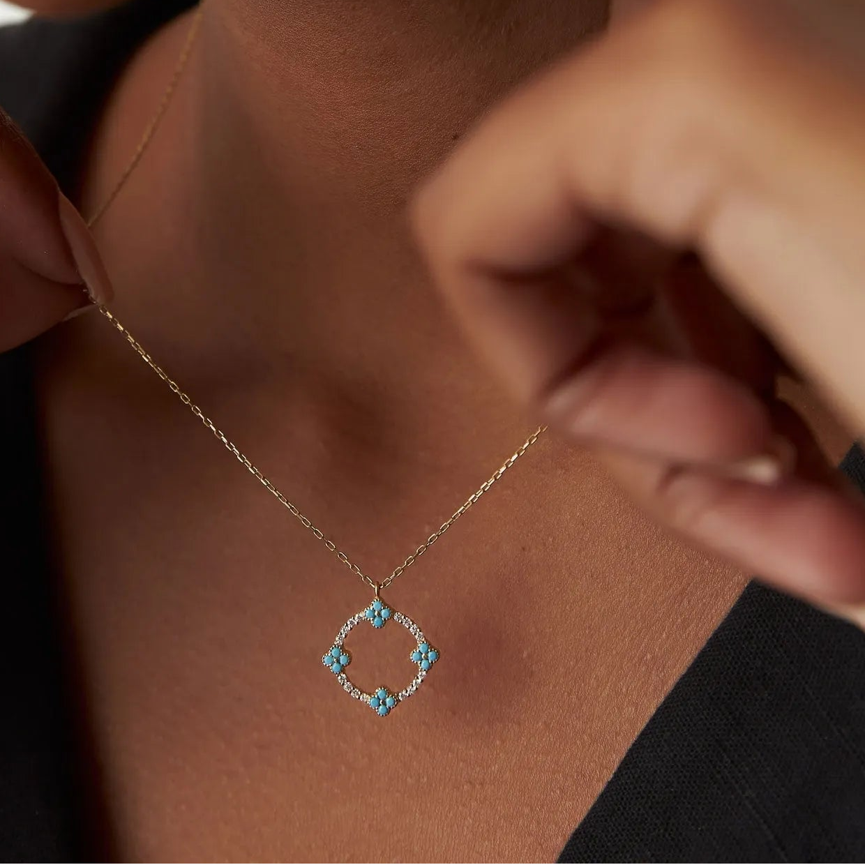 14k Solid Gold Turquoise and Diamond Round Clover Necklace 0.33 Carat