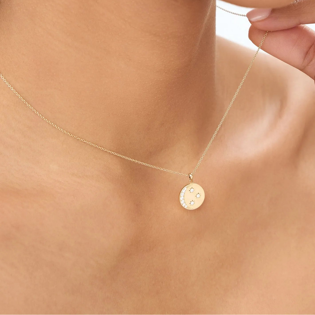 14K Solid Gold Round Diamond Moon and Crescent Pendant Necklace Prong Setting 0.23ctw