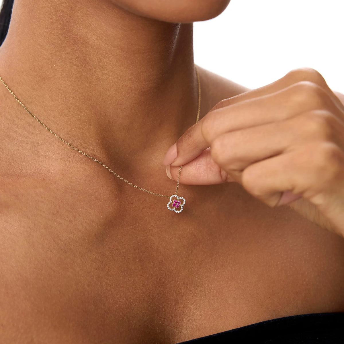14k Solid Gold Ruby and Diamond Round Clover Halo Necklace 0.24 Carat