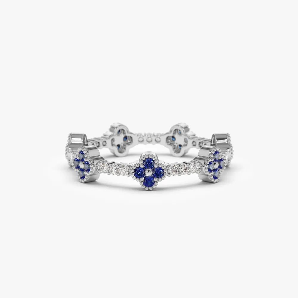 14k Gold Sapphire and Diamond Round Cut Clover Full Eternity Ring 0.45 ctw