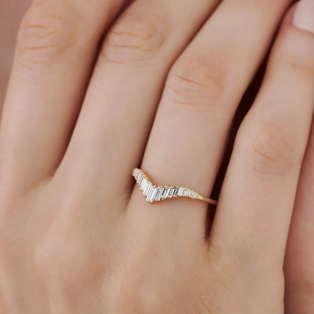 14K Gold 0.50 CTW Baguette Diamond Curved Tiara Ring Stackable Wedding Band