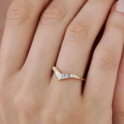 14K Gold 0.50 CTW Baguette Diamond Curved Tiara Ring Stackable Wedding Band