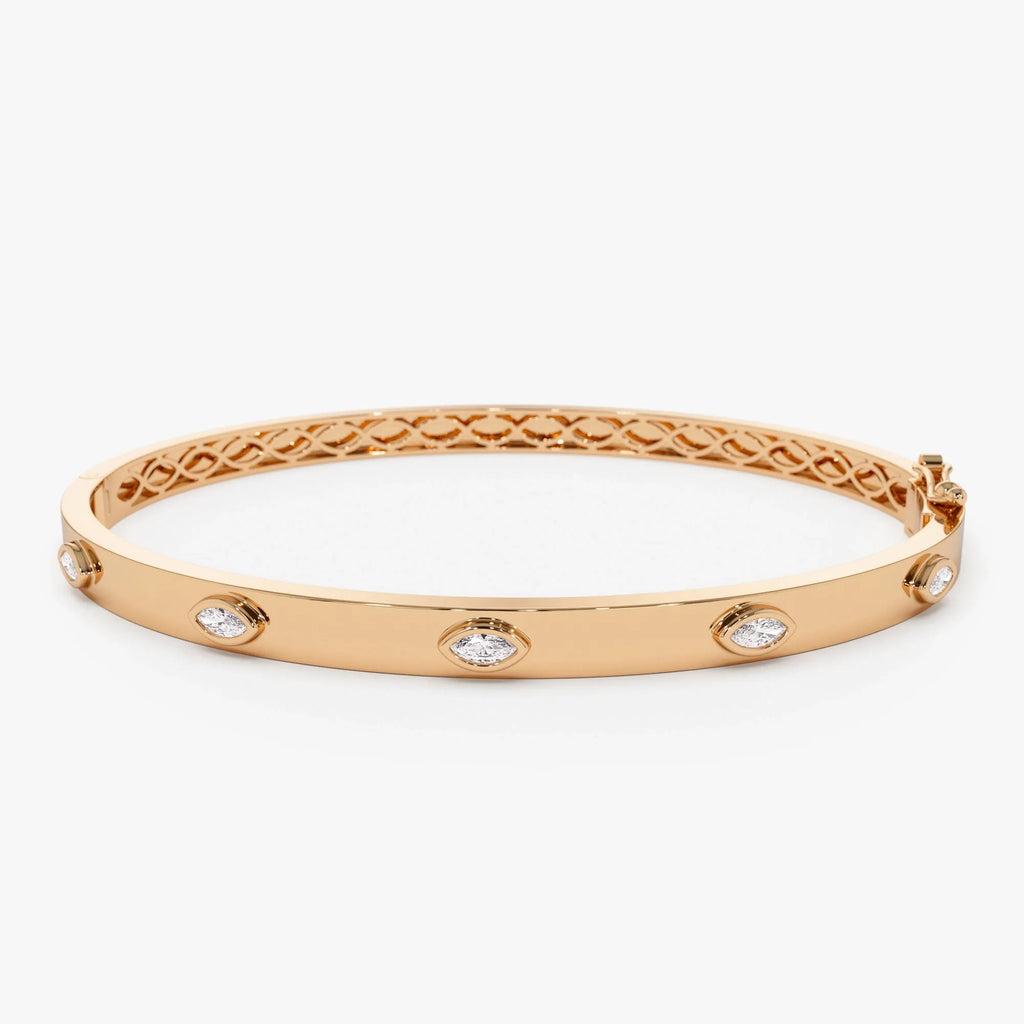 14K Solid Gold 0.30 CTW Marquise Diamond Bezel Set Bangle