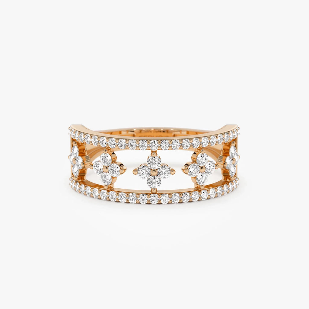 14K Solid Gold Round Diamond 0.54 Carat Double Row Pave Cluster Accents Ring