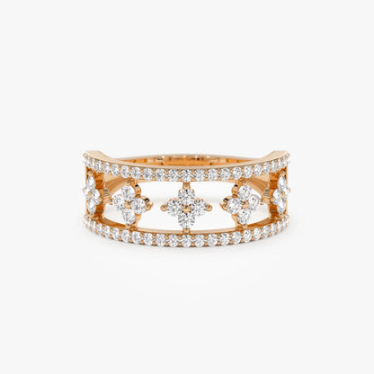 14K Solid Gold Round Diamond 0.54 Carat Double Row Pave Cluster Accents Ring