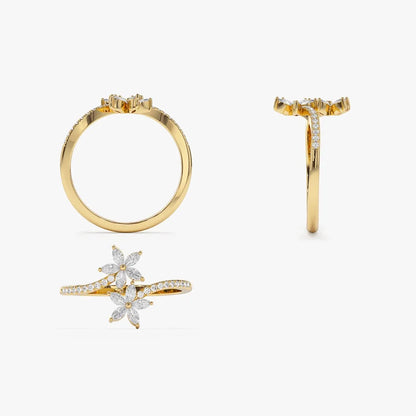 14k Gold 0.39 ctw Marquise and Round Diamond Flower Bypass Ring