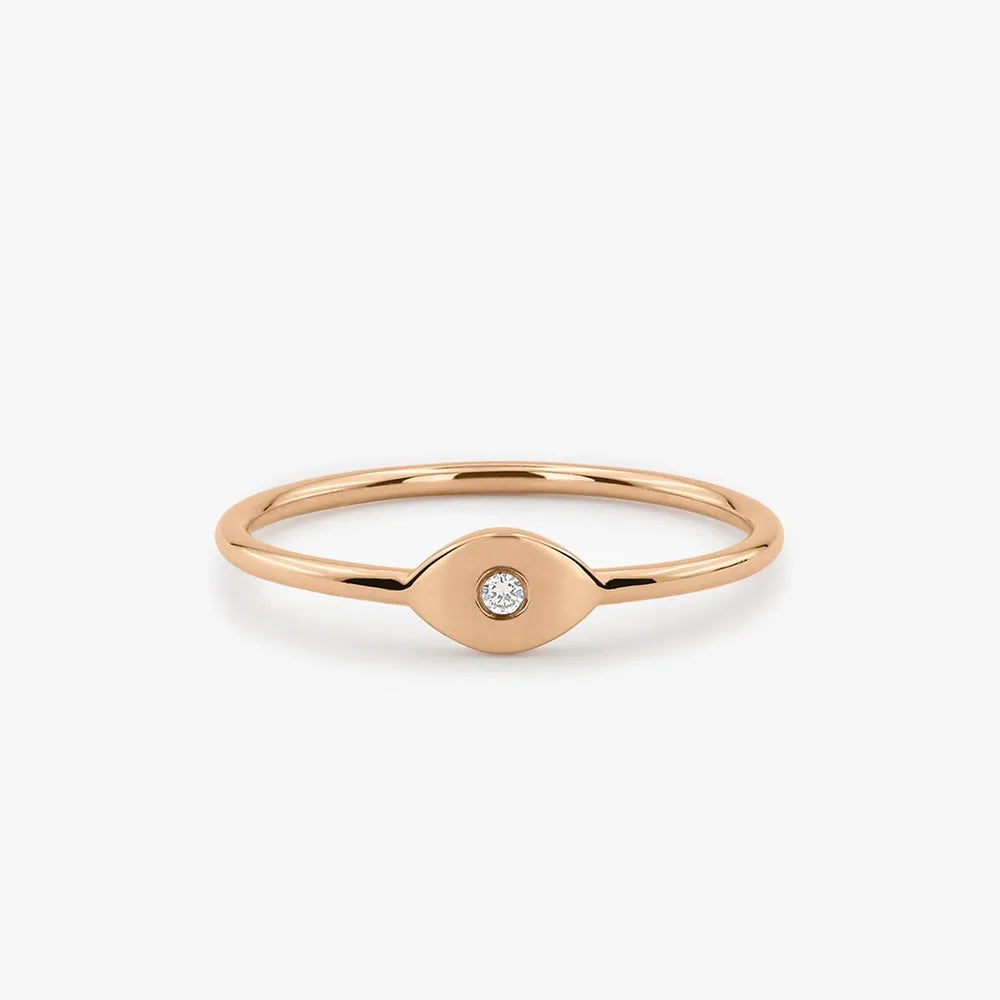 14K Solid Gold Round Diamond Evil Eye Ring Burnish Setting