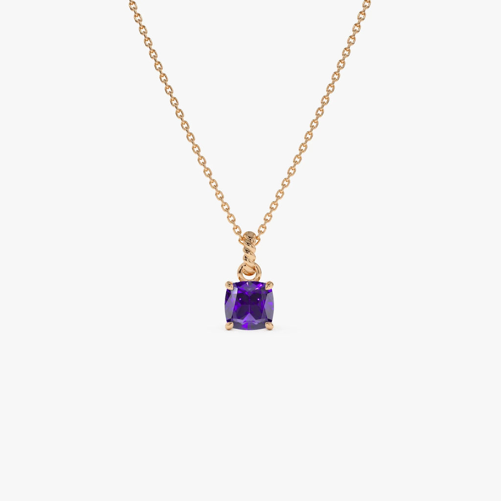 14k Solid Gold Amethyst Cushion Cut Solitaire Necklace 0.95 Carat