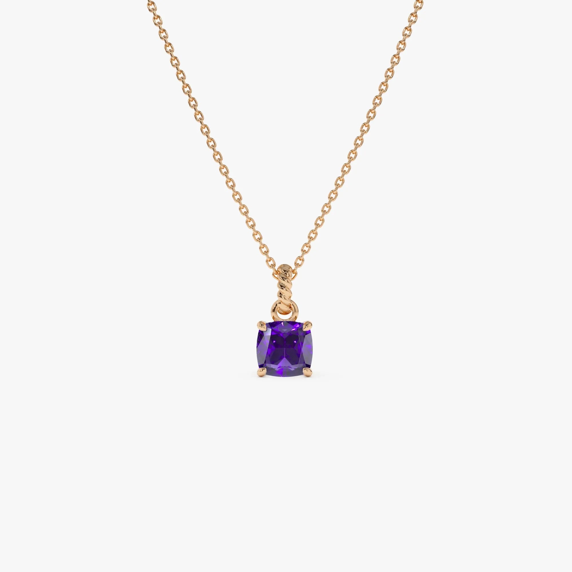 14k Solid Gold Amethyst Cushion Cut Solitaire Necklace 0.95 Carat