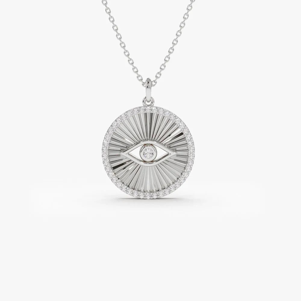 14K Solid Gold Round Diamond Evil Eye Medallion Disc Necklace 0.29ctw